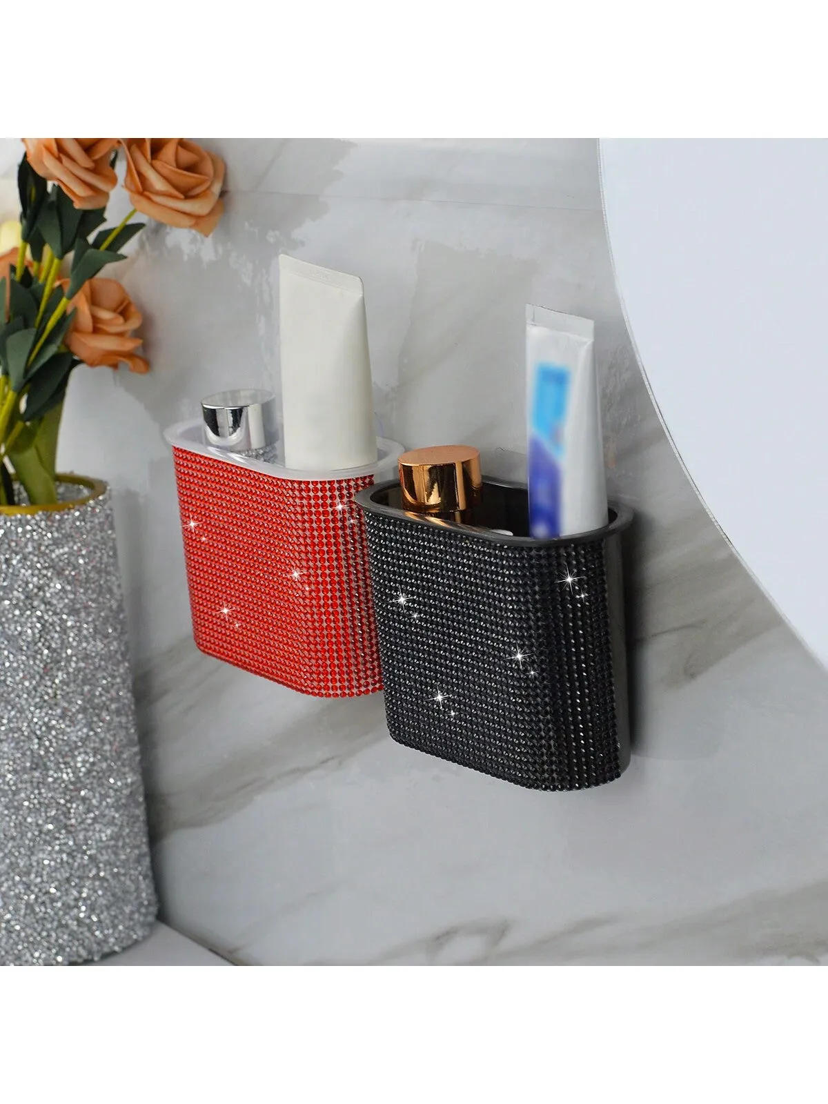 1pc Diamond-Studded Makeup Brush Storage Box, Oval-Shaped Wall-Mounted/ Desktop Holder For Bathroom, Bedroom - No Drilling Required