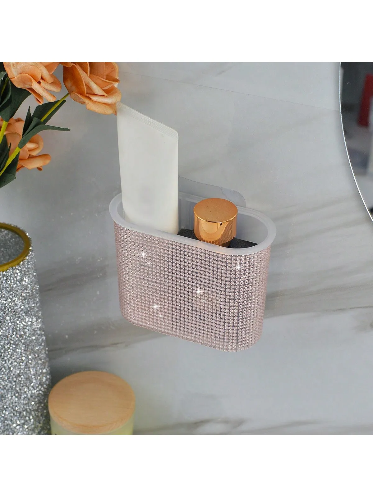 1pc Diamond-Studded Makeup Brush Storage Box, Oval-Shaped Wall-Mounted/ Desktop Holder For Bathroom, Bedroom - No Drilling Required