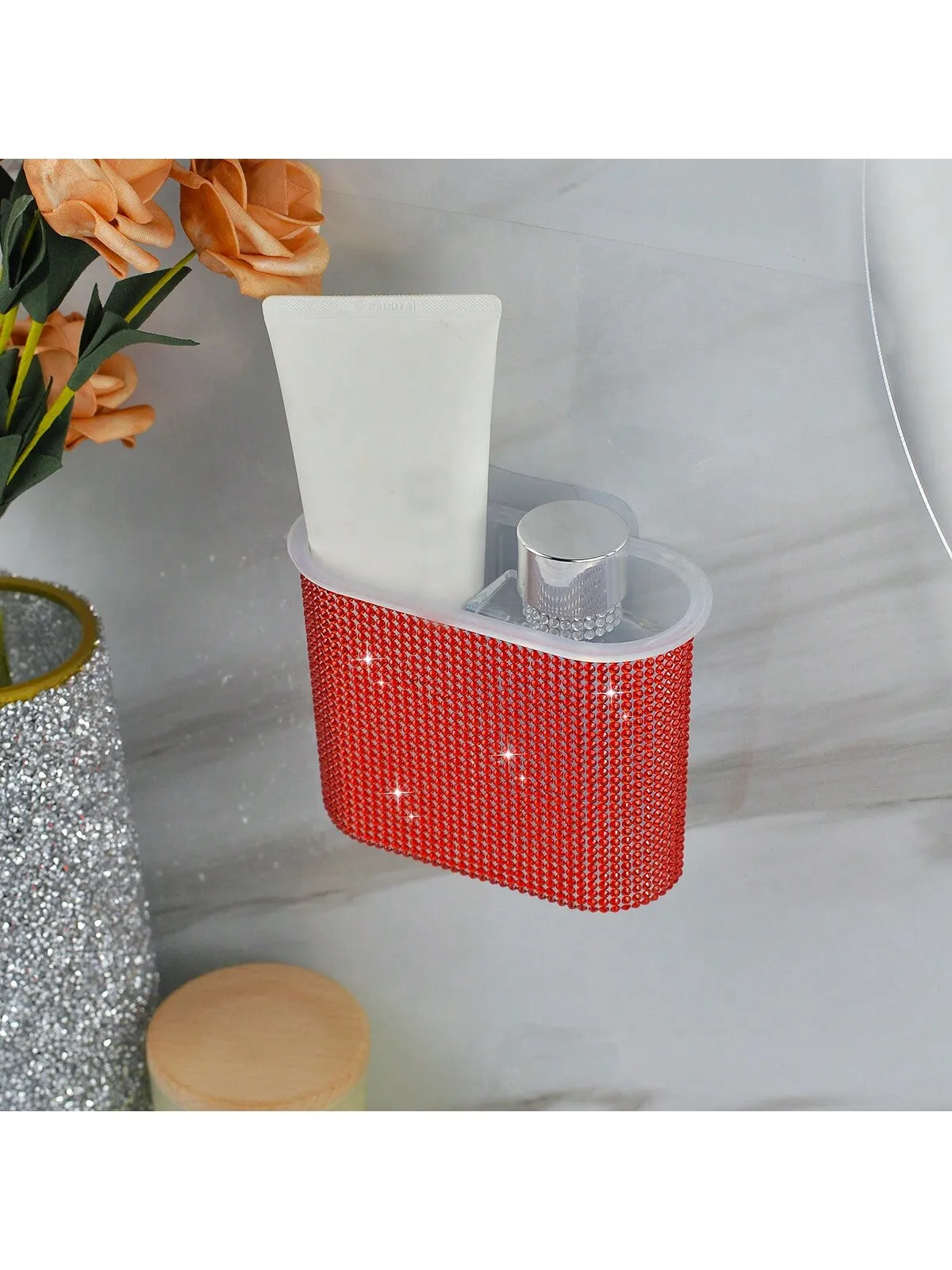 1pc Diamond-Studded Makeup Brush Storage Box, Oval-Shaped Wall-Mounted/ Desktop Holder For Bathroom, Bedroom - No Drilling Required