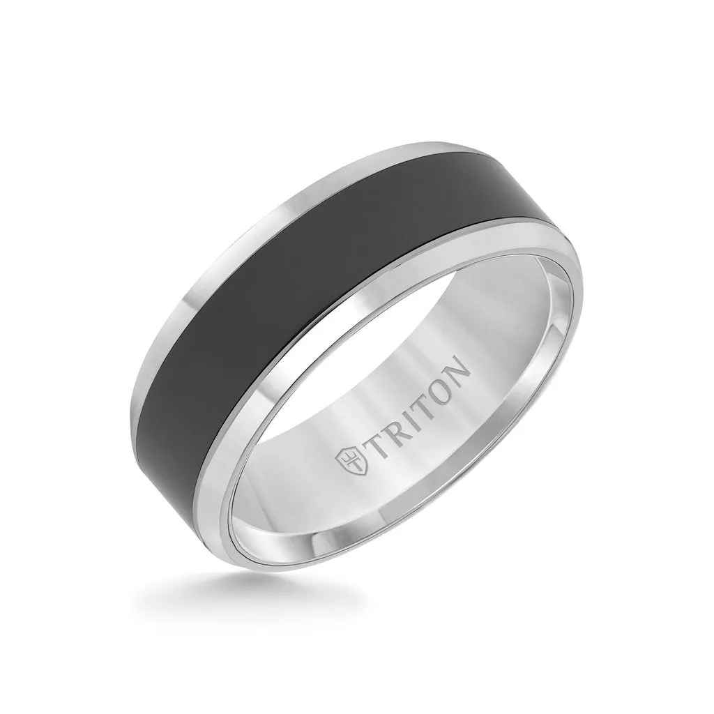 8MM Black Ceramic Inlay Ring with Tungsten Bevel Edge