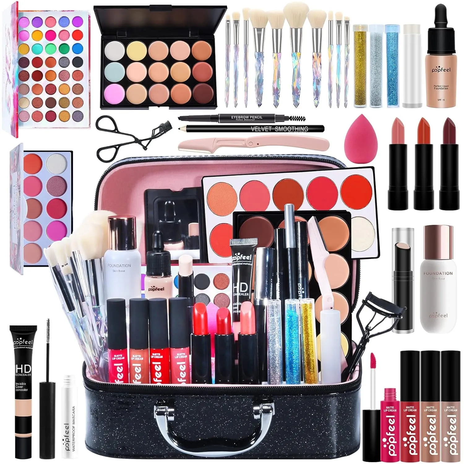 All-In-One Holiday Makeup Kit for Women: Concealer, Eyeshadow, Lipstick, Blush & Travel Bag