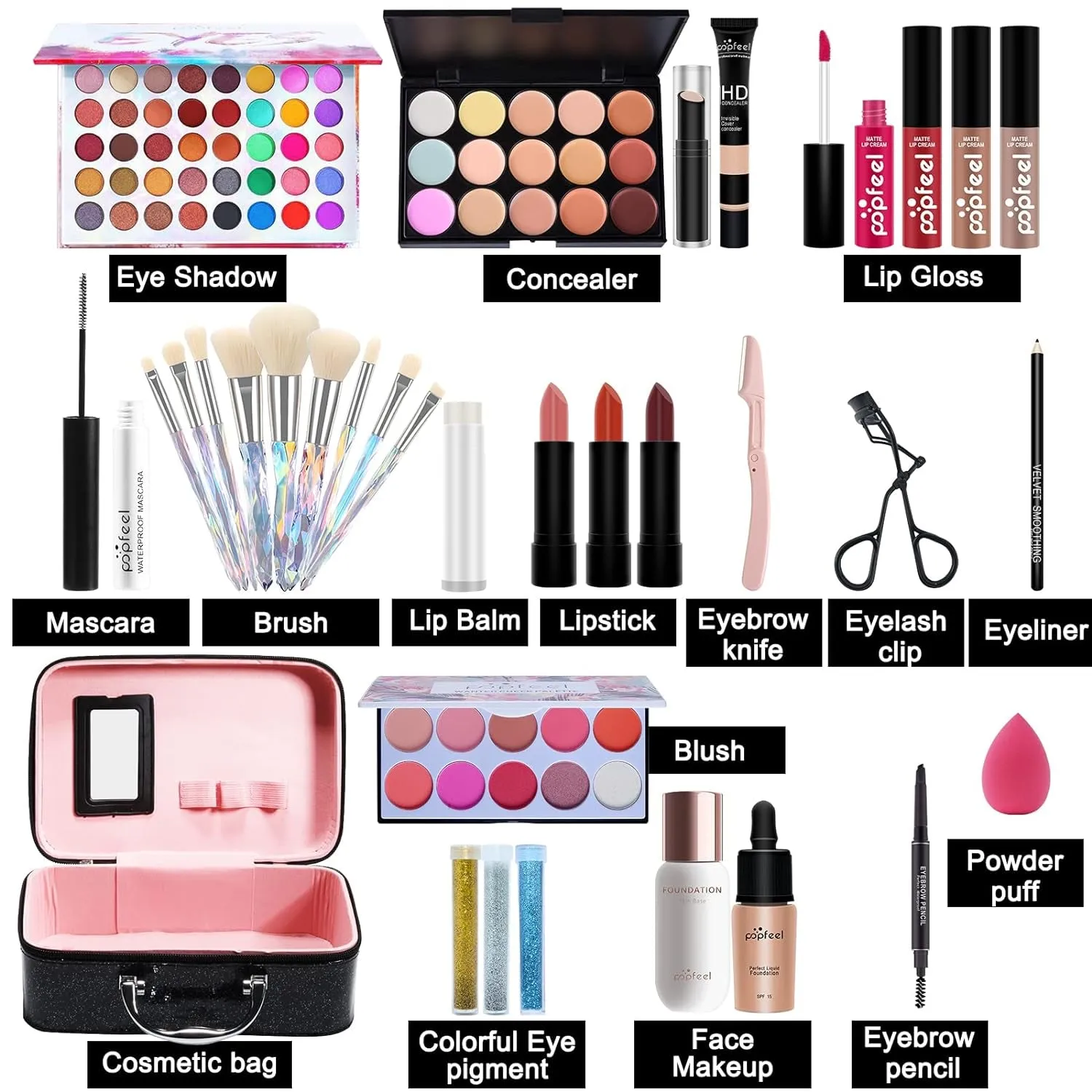 All-In-One Holiday Makeup Kit for Women: Concealer, Eyeshadow, Lipstick, Blush & Travel Bag