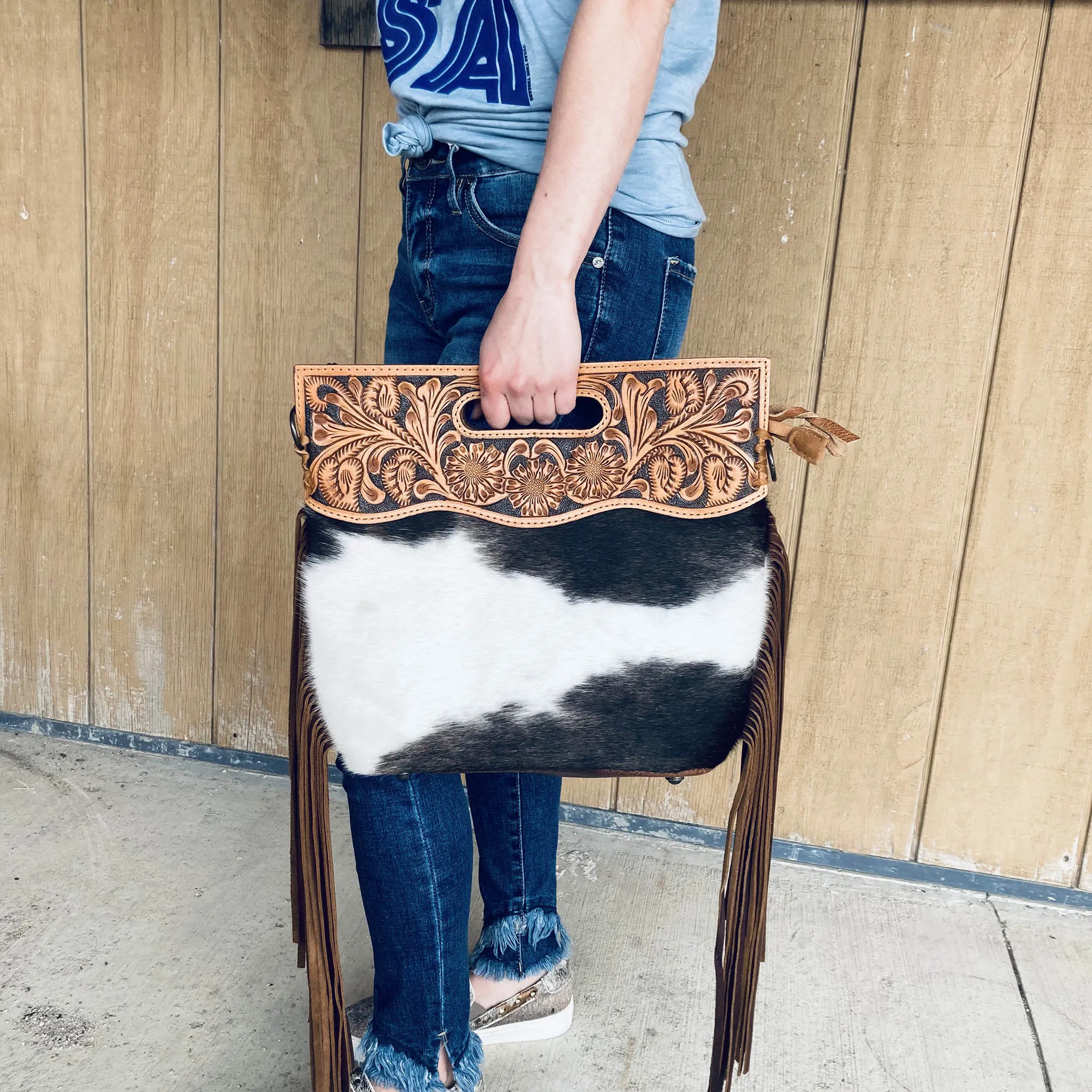 American Darling Brown and White Hide Fringe Purse