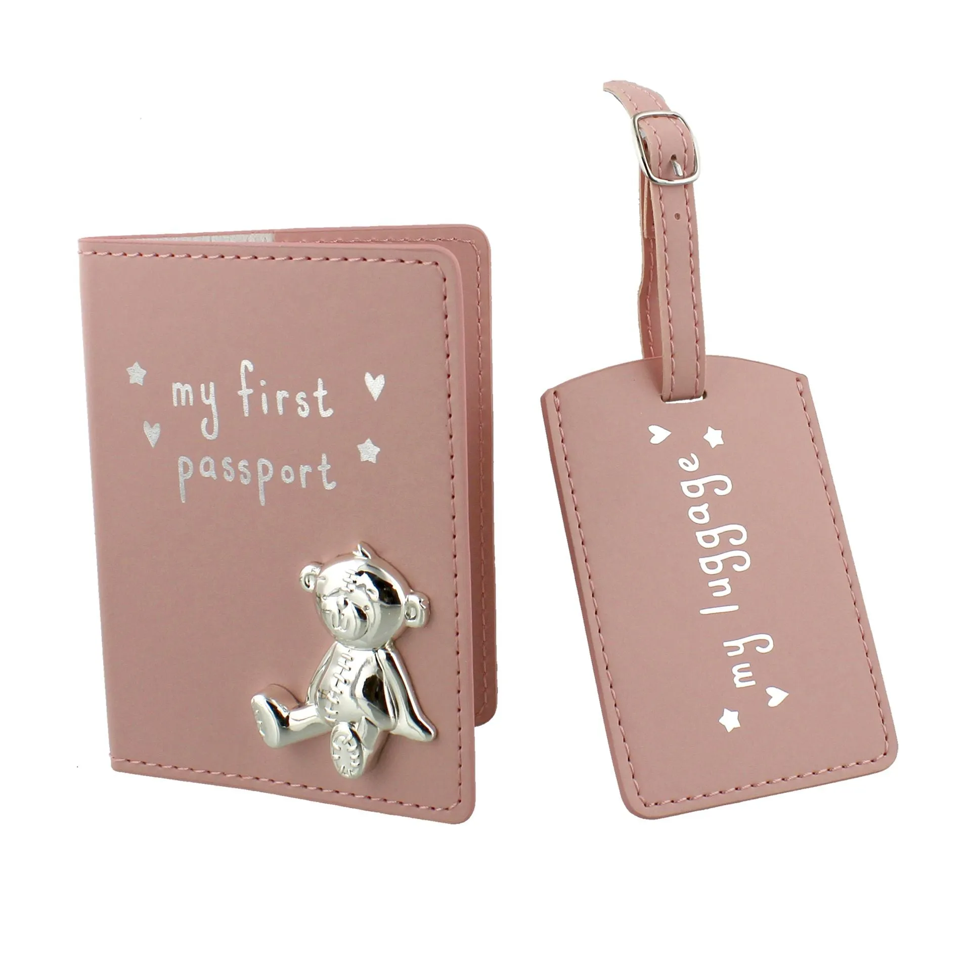 Baby Girl Pink Passport Holder & Luggage Tag with Silver Bear