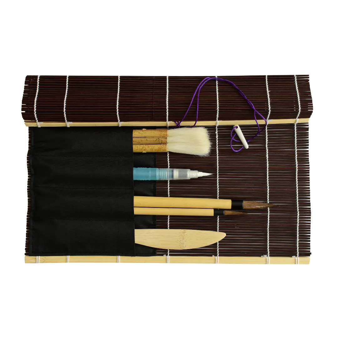 Bamboo Fudemaki Roll-Up Brush Holder, Brown with Pockets (FM4A)