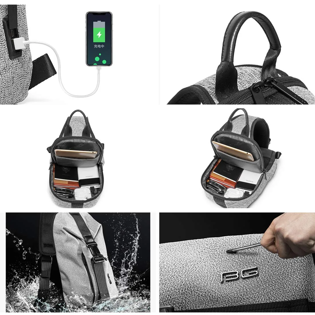 BANGE Anti theft Water Resistant Crossbody Sling bag with USB charging (Grey)