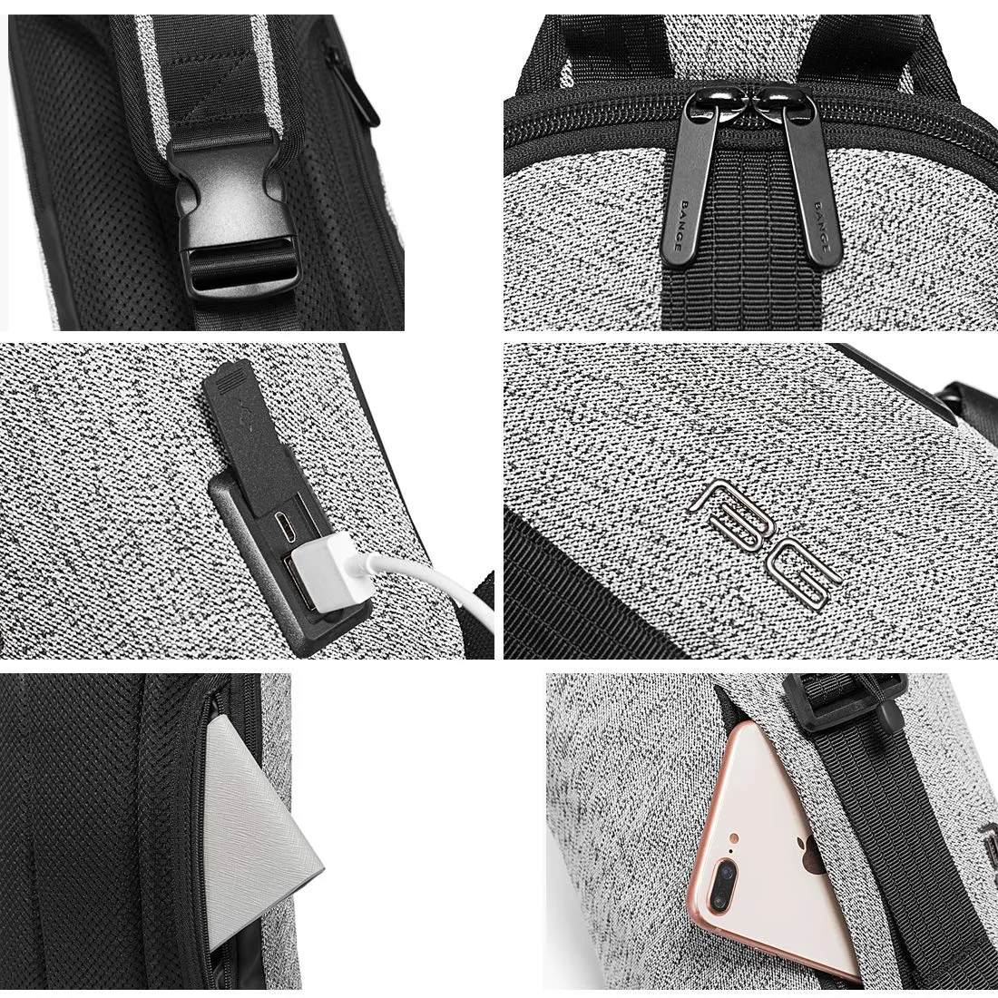 BANGE Anti theft Water Resistant Crossbody Sling bag with USB charging (Grey)