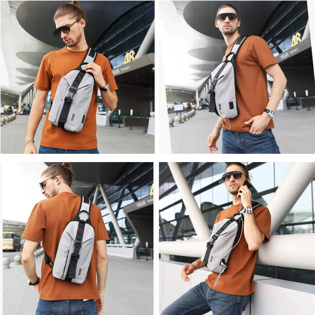 BANGE Anti theft Water Resistant Crossbody Sling bag with USB charging (Grey)