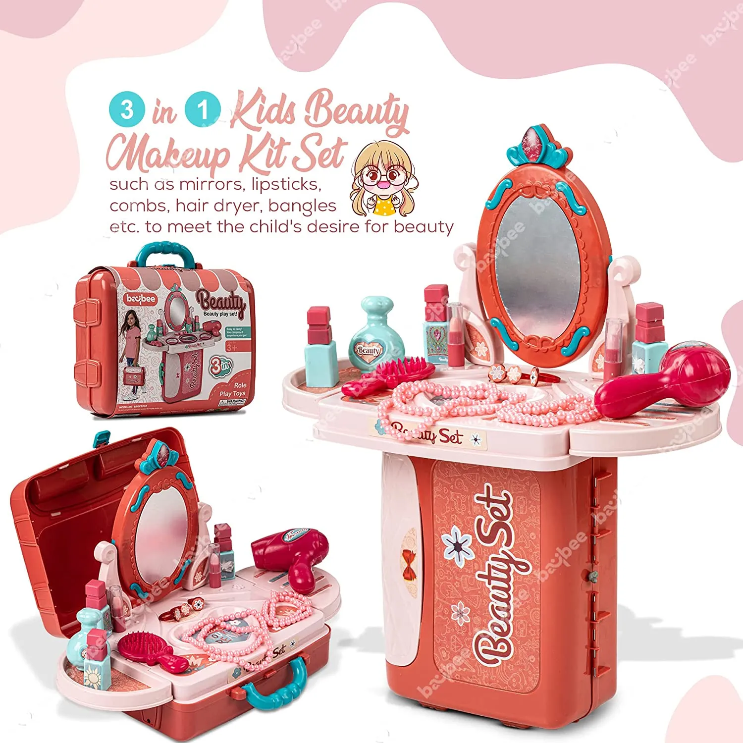 Baybee 3 in 1 Kids Beauty Makeup Kit Set Toys for Girls, Convertible Dressing Table & Suitcase