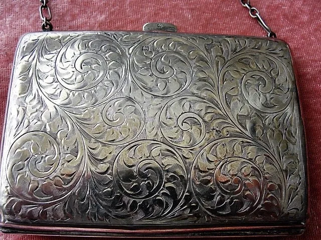 BEAUTIFUL Antique English Sterling Silver Purse,Aide Memoire,Silver Pencil, Engraved Silver Dance Purse, Business Card Holder Monogram MK