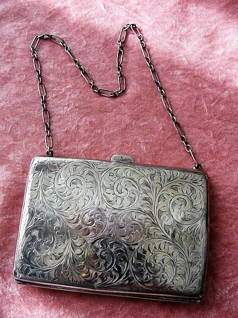 BEAUTIFUL Antique English Sterling Silver Purse,Aide Memoire,Silver Pencil, Engraved Silver Dance Purse, Business Card Holder Monogram MK