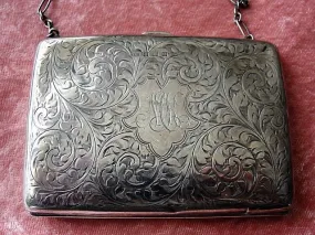 BEAUTIFUL Antique English Sterling Silver Purse,Aide Memoire,Silver Pencil, Engraved Silver Dance Purse, Business Card Holder Monogram MK