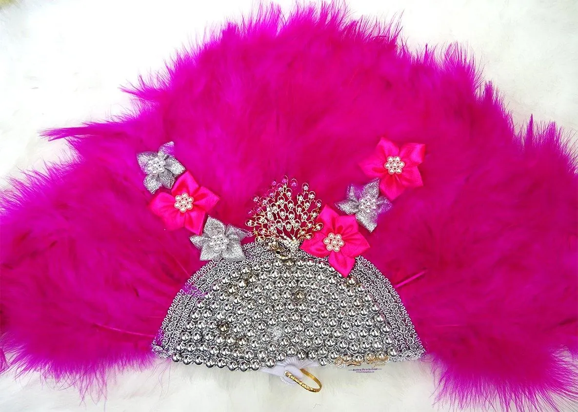 Beautiful Bold Hot pink Feather Embelished with Pearls Accessory Bridal Wedding Party Hand fan