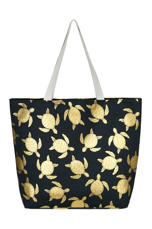 Black Gold Foil Sea Turtle Tote Bag and Matching Pouch