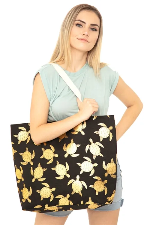 Black Gold Foil Sea Turtle Tote Bag and Matching Pouch