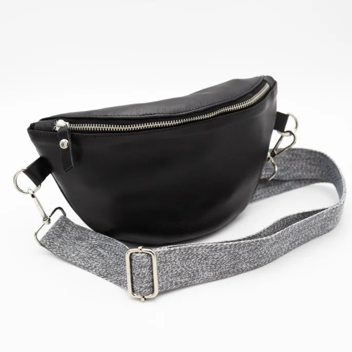 Black Leather Bum Bag (w Silver Fittings)