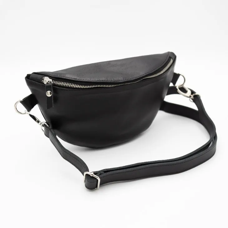 Black Leather Bum Bag (w Silver Fittings)