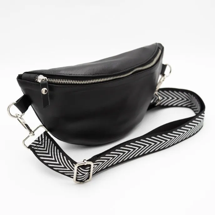 Black Leather Bum Bag (w Silver Fittings)