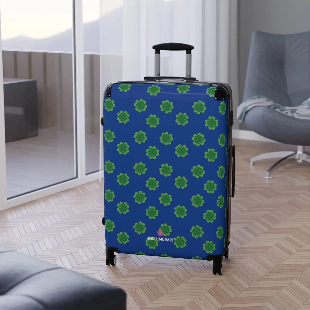 Blue Clover Print Suitcases, Irish Style St. Patrick's Day Designer Suitcase Luggage (Small, Medium, Large)