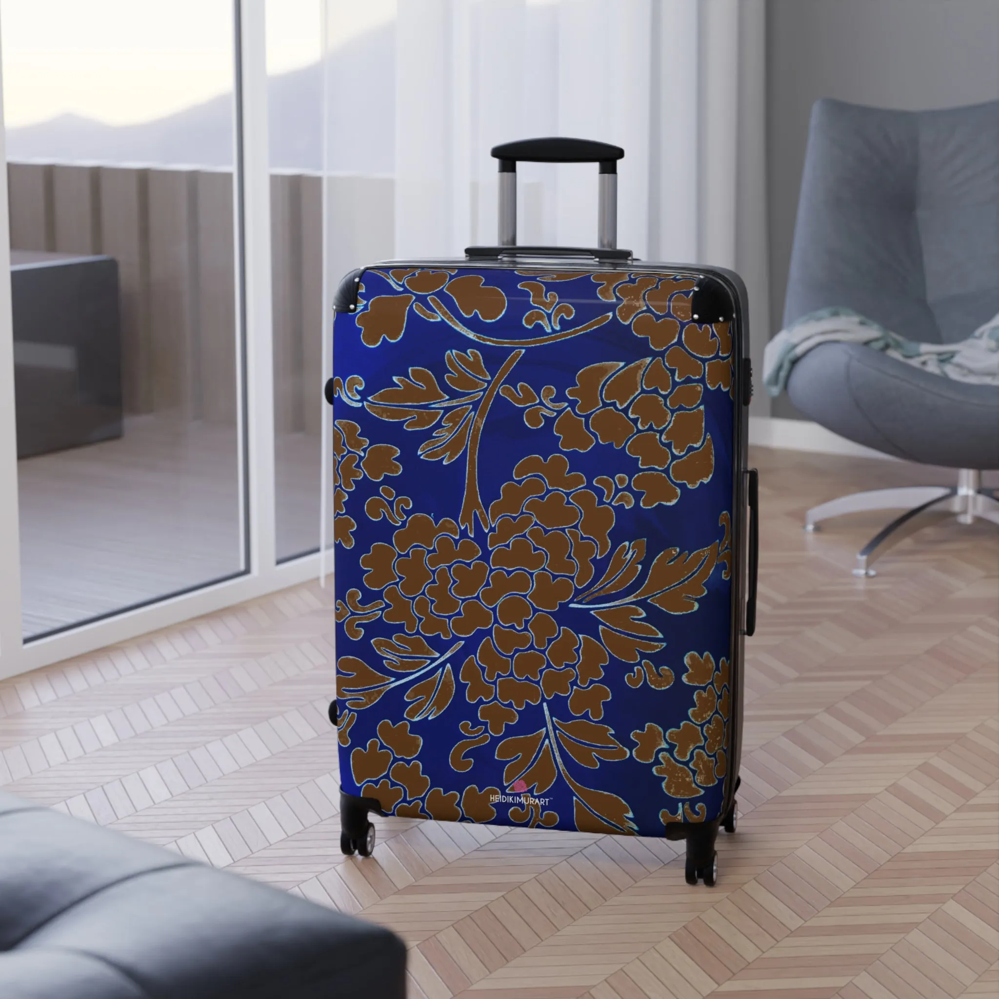 Brown Blue Floral Print Suitcase, Abstract Print Designer Suitcases, Travel Bag Suitcases (Small, Medium, Large)