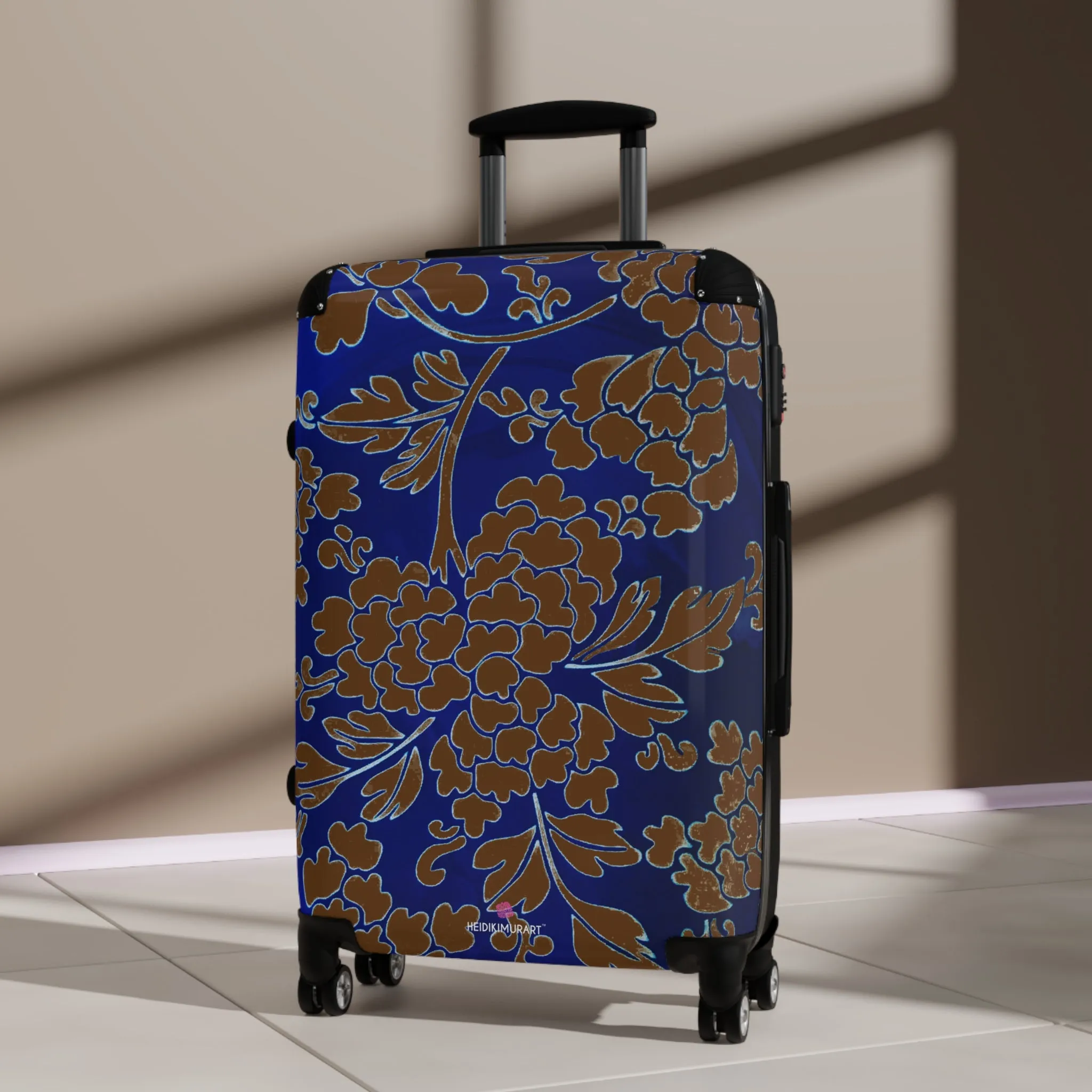 Brown Blue Floral Print Suitcase, Abstract Print Designer Suitcases, Travel Bag Suitcases (Small, Medium, Large)