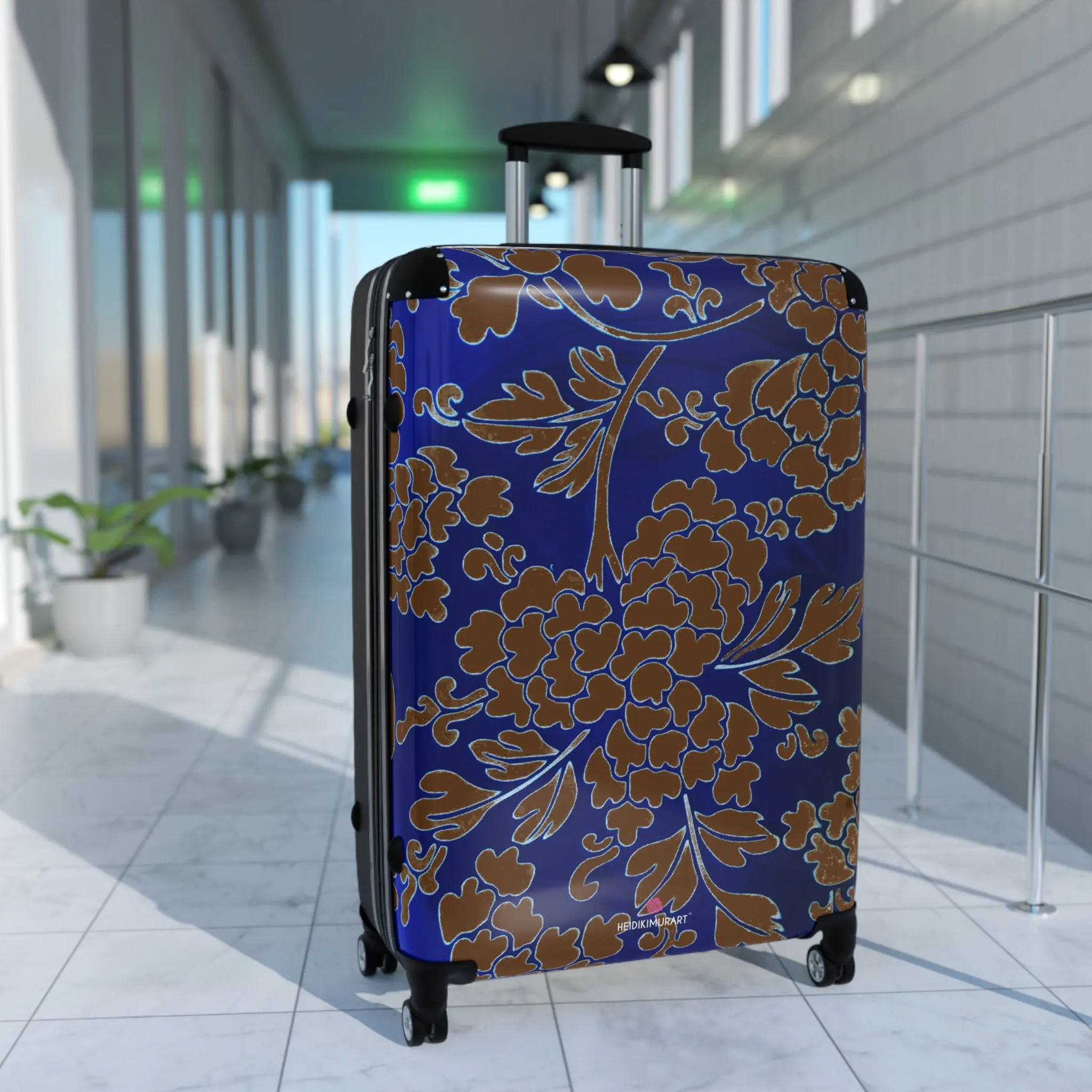 Brown Blue Floral Print Suitcase, Abstract Print Designer Suitcases, Travel Bag Suitcases (Small, Medium, Large)