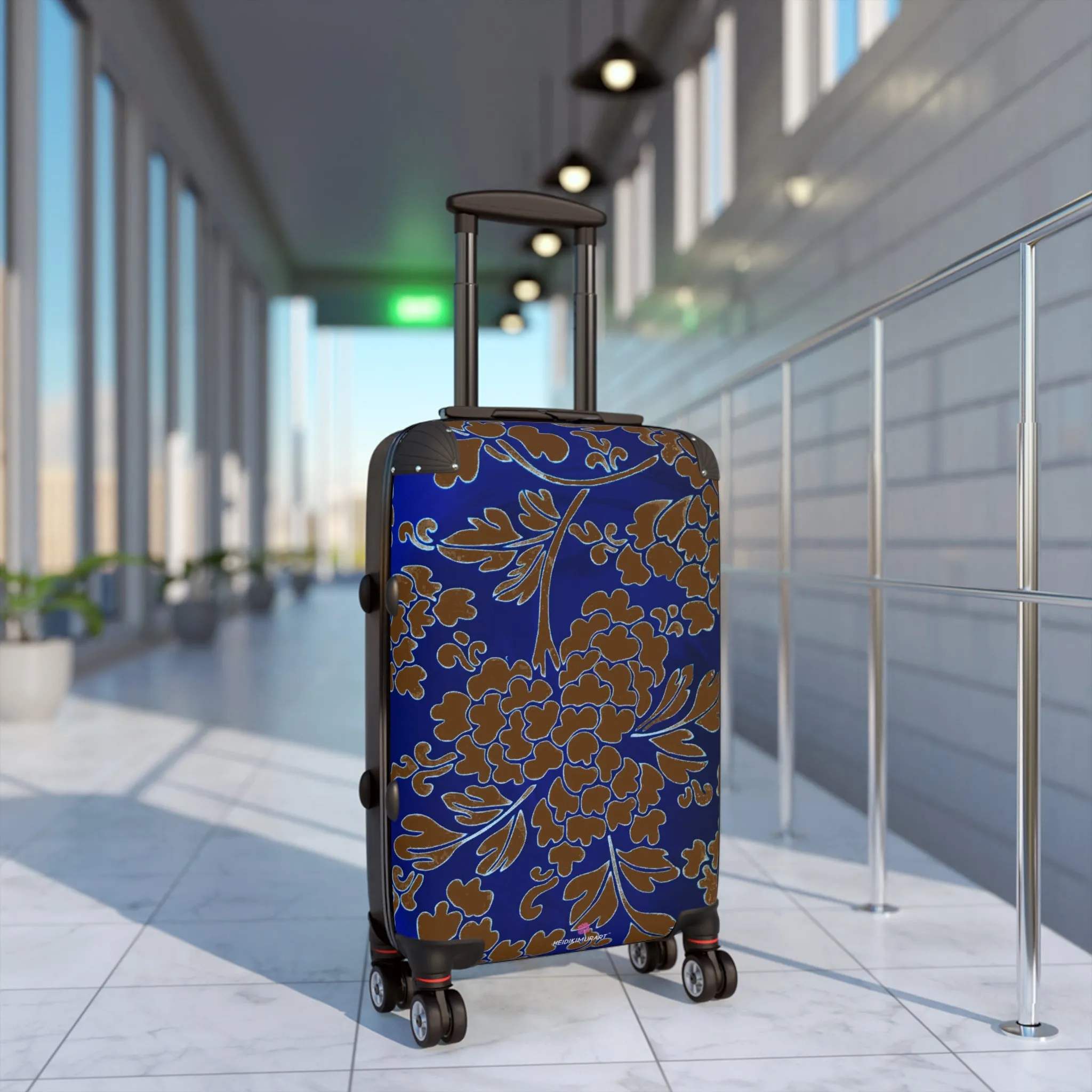 Brown Blue Floral Print Suitcase, Abstract Print Designer Suitcases, Travel Bag Suitcases (Small, Medium, Large)