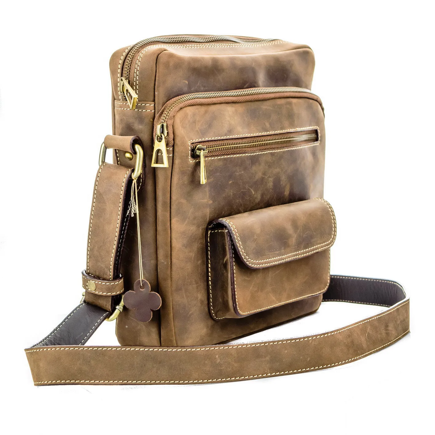 Brown Stone Messenger Leather Bag Military Tech Oil Nubuck - Dark Brown