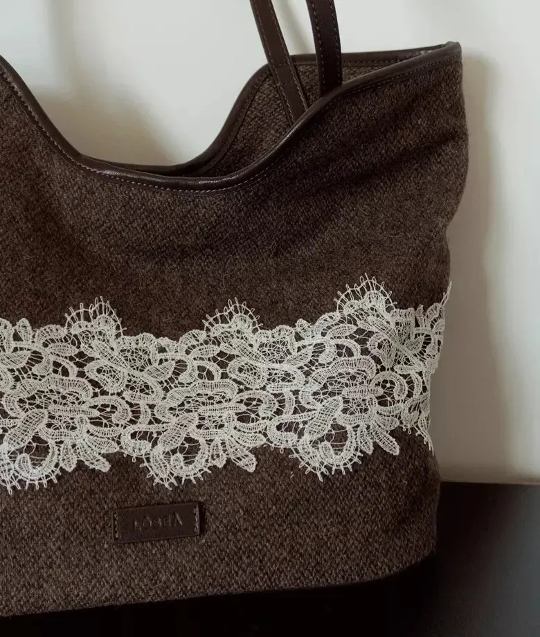 CAMELLIA lace woolen tote bag