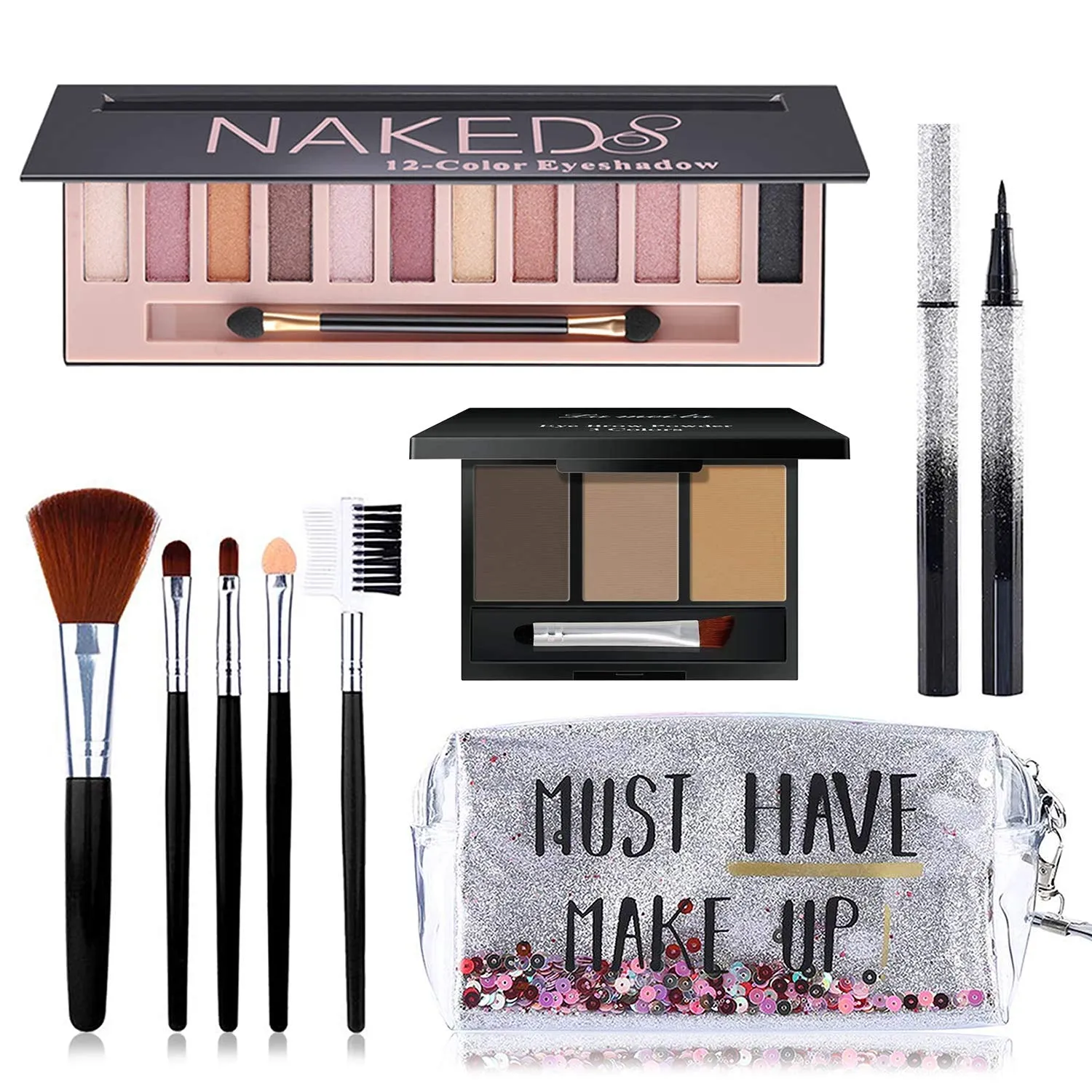 Complete Makeup Set: Eyeshadow Palette, Foundation, Lipsticks, Mascara & Brushes Essentials