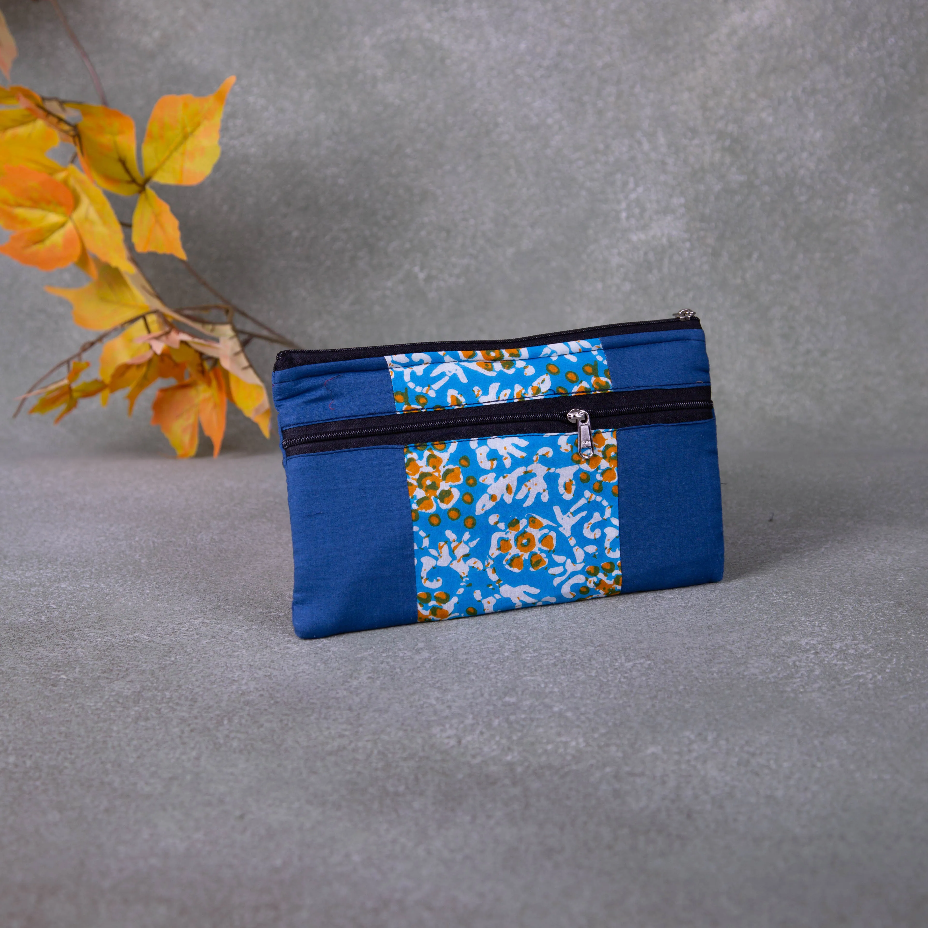 Cotton Multizip Purse Blue with Mustered Flower Design