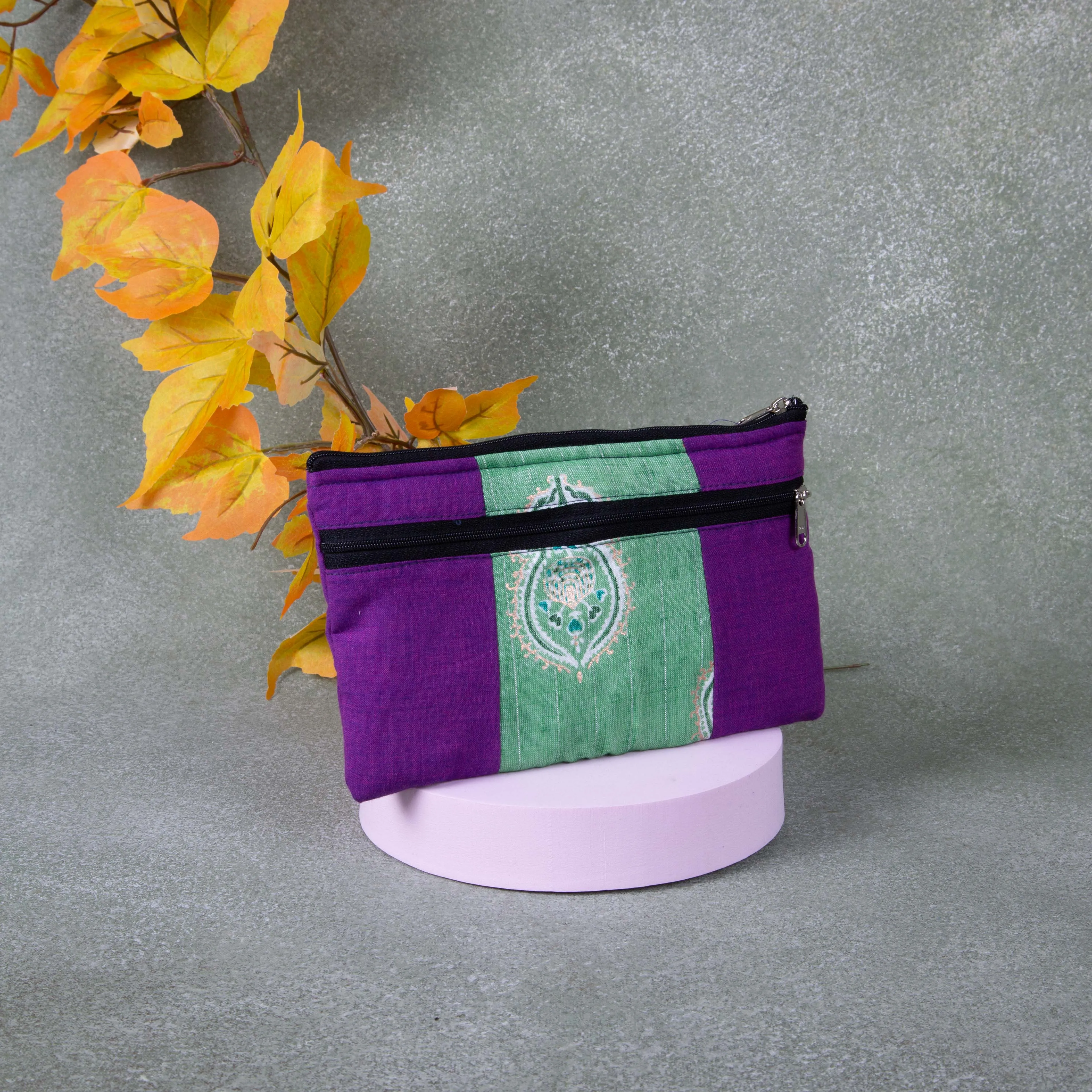 Cotton Multizip Purse Violet with Green Design