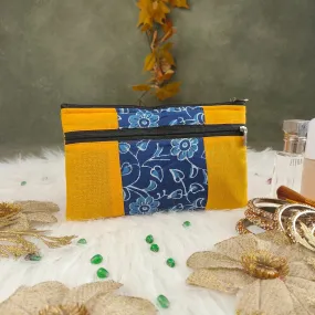 Cotton Multizip Purse Yellow with Blue Flower Design.