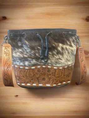 Cowhide Tooled Bucket Crossbody Bag