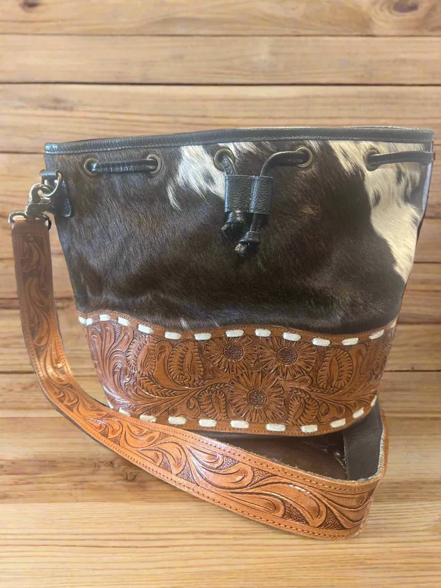 Cowhide Tooled Bucket Crossbody Bag