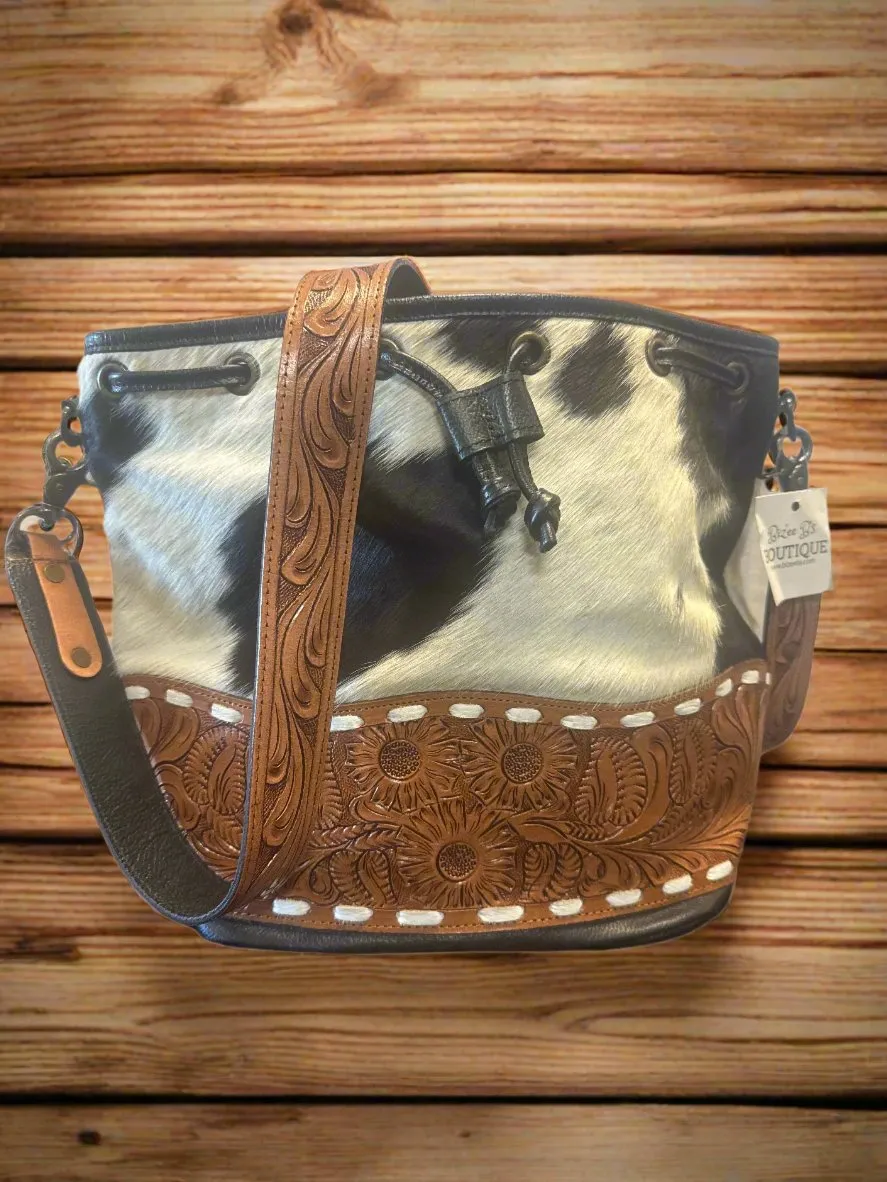 Cowhide Tooled Bucket Crossbody Bag