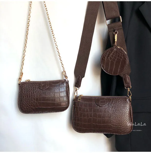 Crocodile Embossed Leather Crossbody Bag with Wide Strap