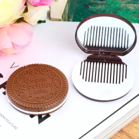 Cute Chocolate Cookie Shaped Design Makeup Mirror with Comb Lady Women Makeup Tool Pocket Mirror Home Office Use