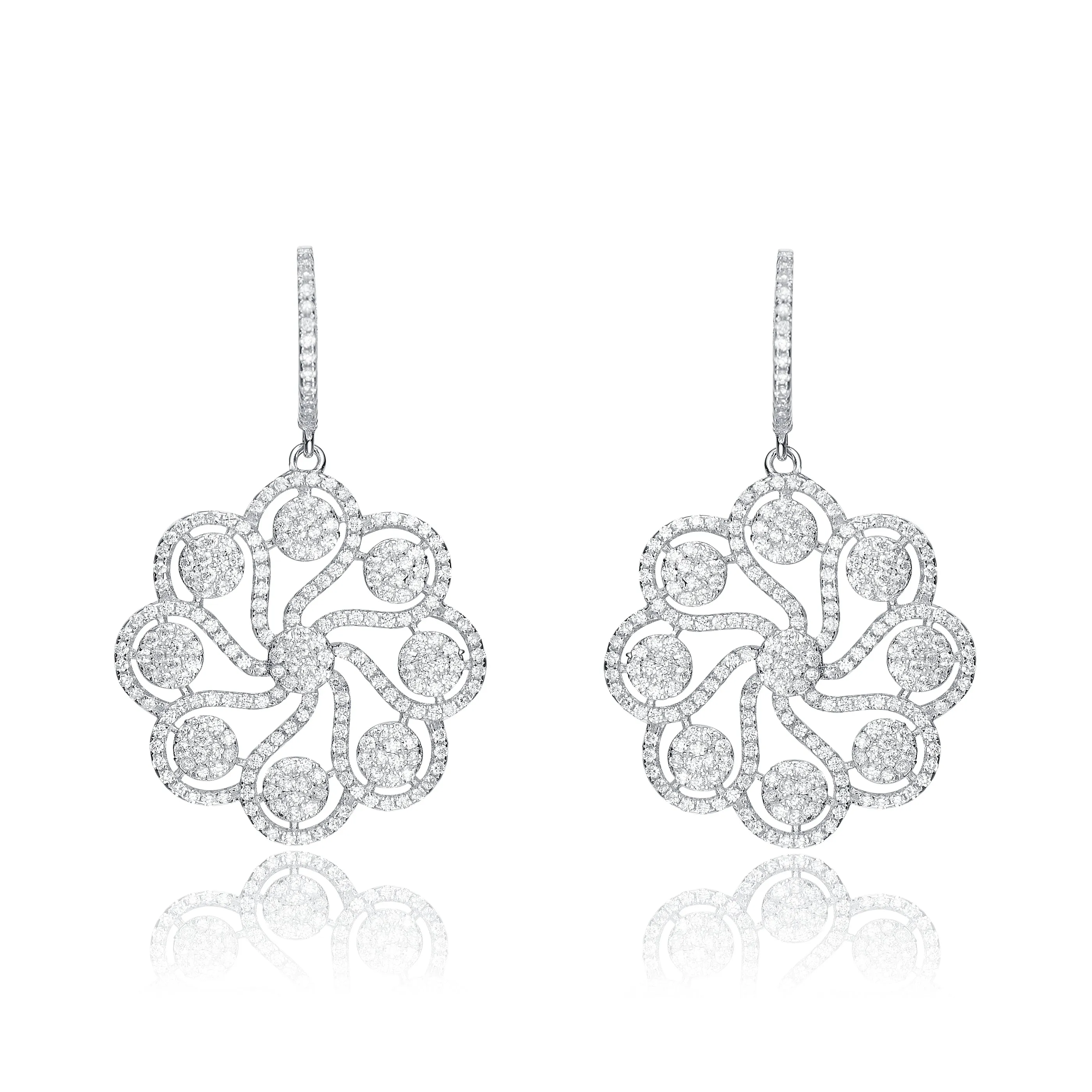 CZ SS Rhodium Plated Round Flower Drop Earrings