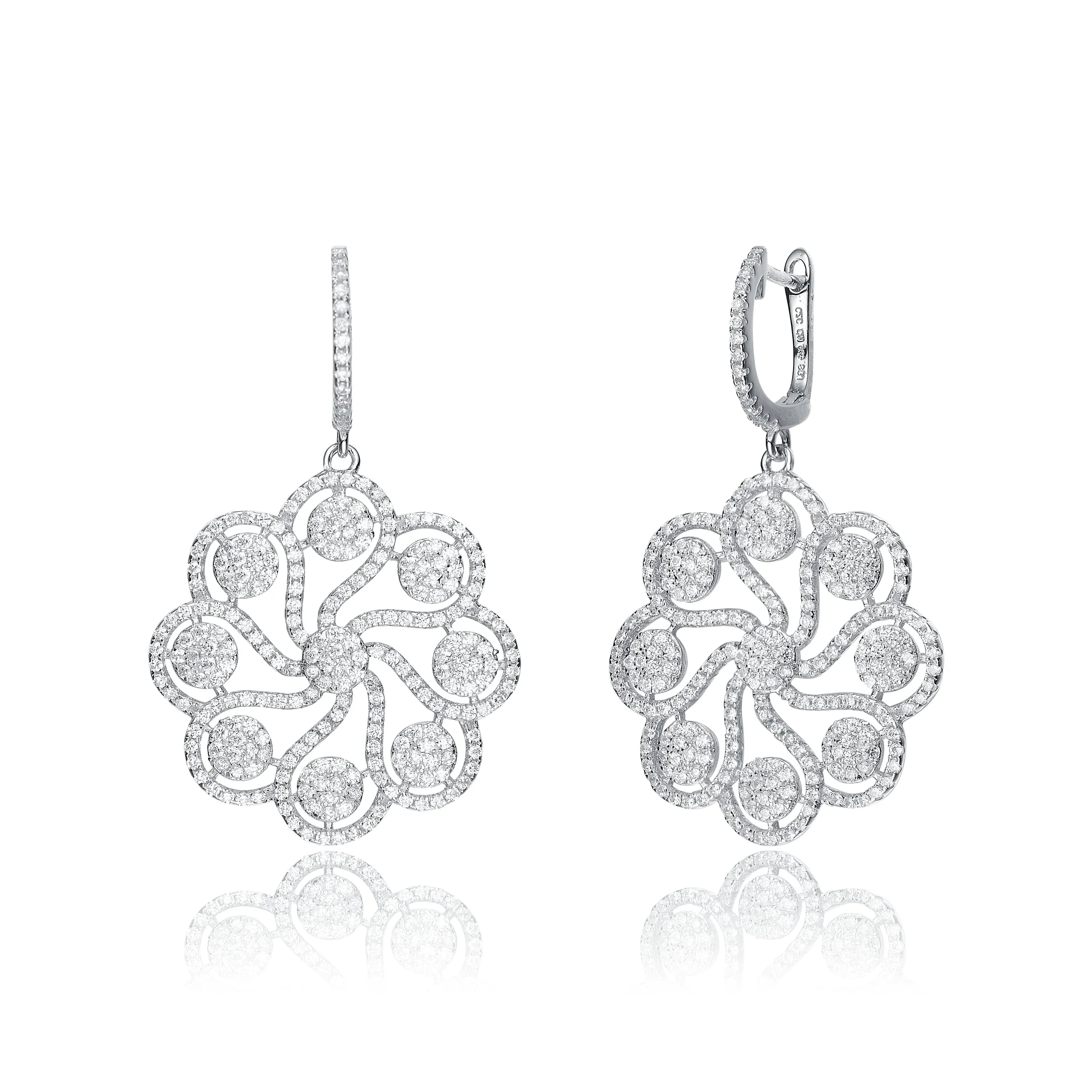 CZ SS Rhodium Plated Round Flower Drop Earrings