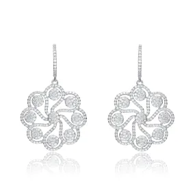 CZ SS Rhodium Plated Round Flower Drop Earrings