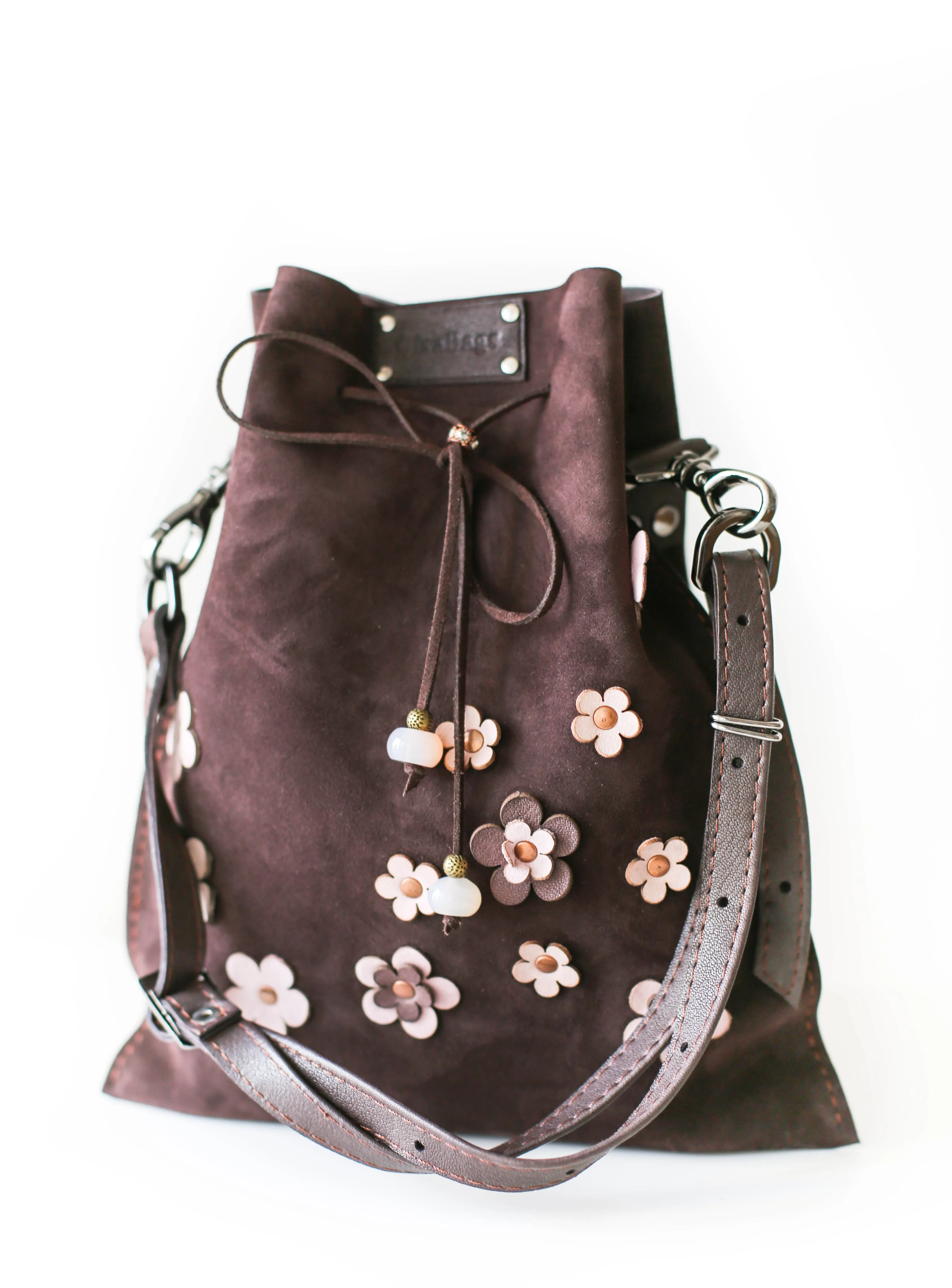 Dark Brown Floral Suede Pouch Bag