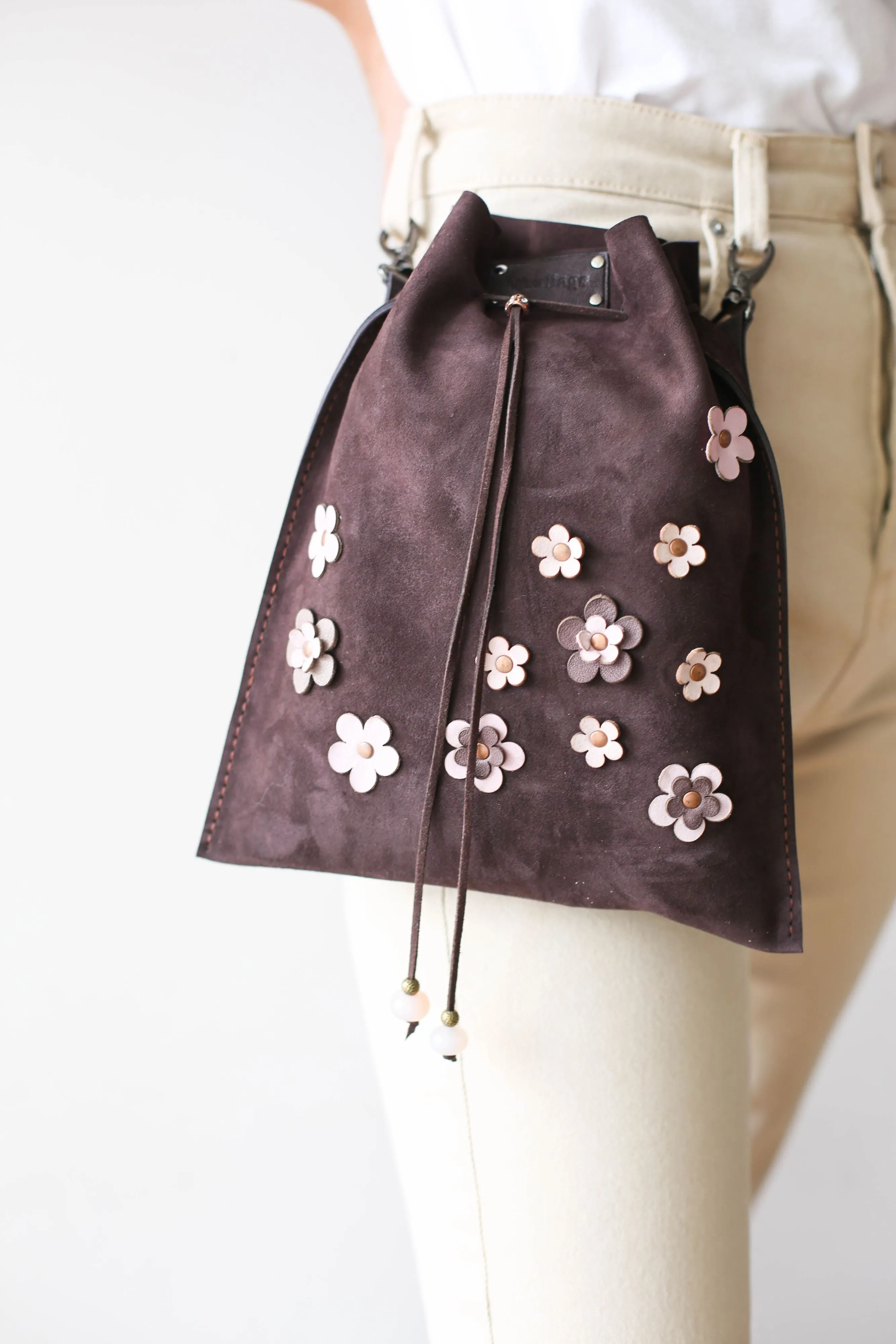 Dark Brown Floral Suede Pouch Bag