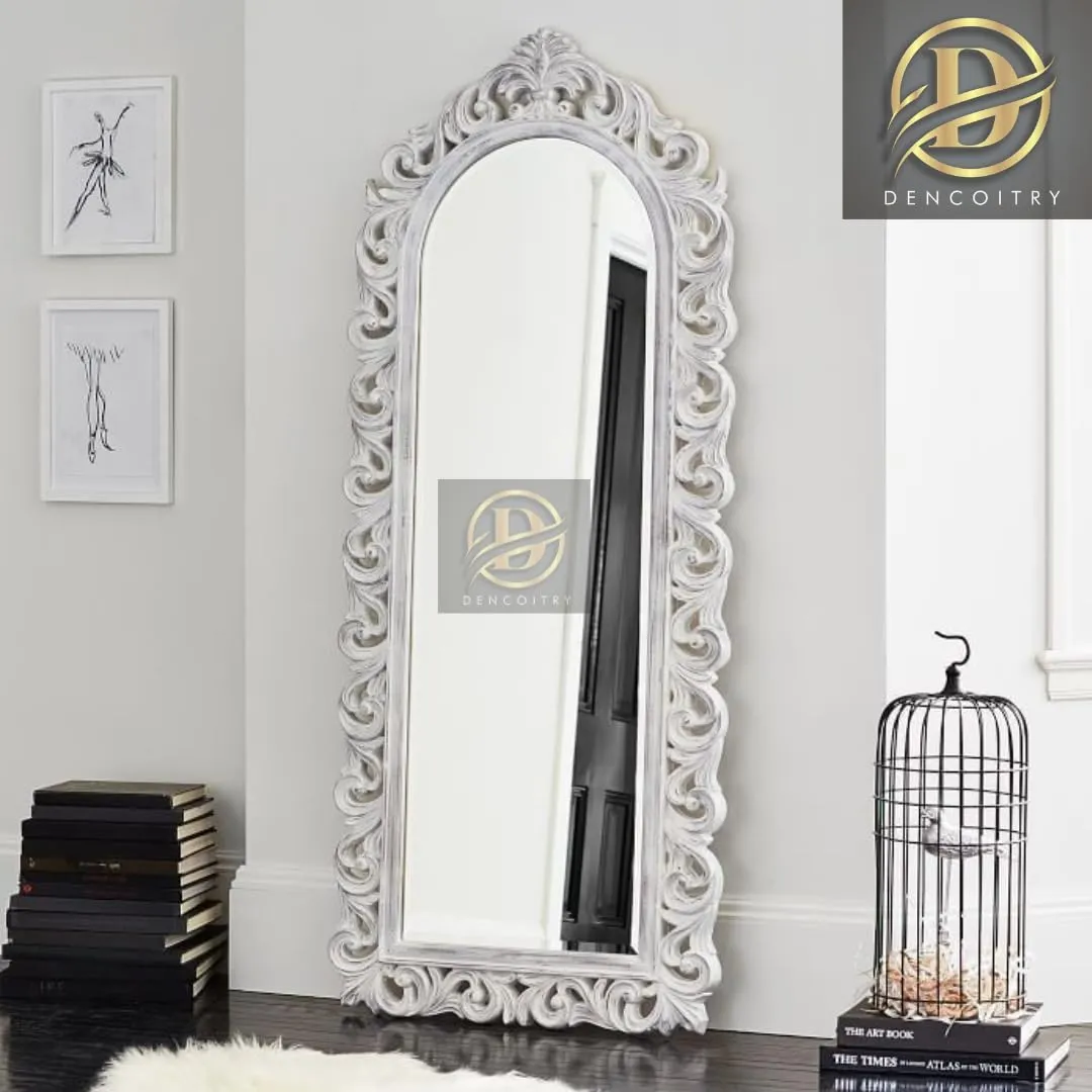DENCOITRY Wooden Hand Carved Decorative Wall Mirror Frame for Bedroom || Taj Look || Living Room || Full Length Mirror Frame || Antique White || without Mirror || 72 X 24 inches ||