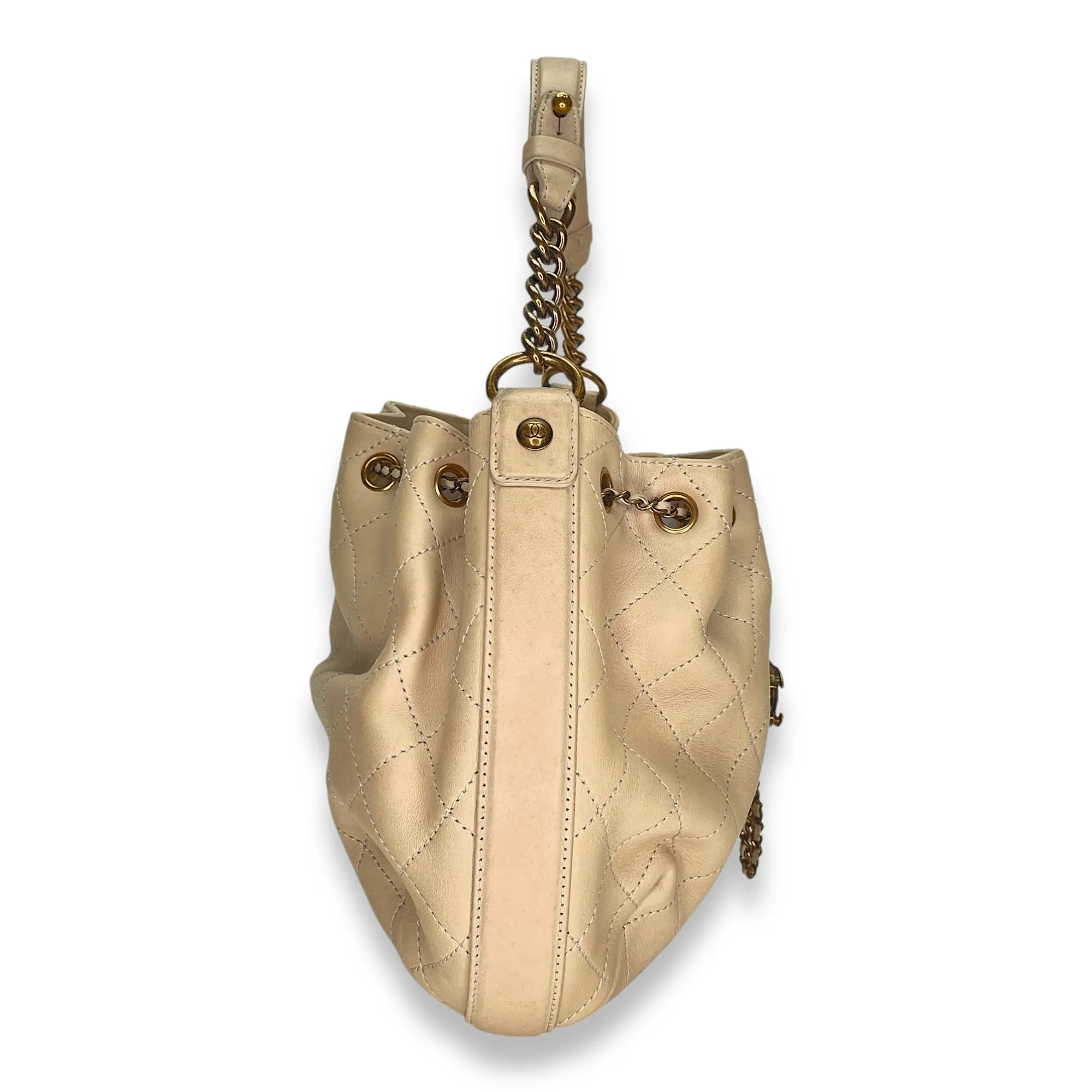 Drawstring CC Beige Bucket Bag in Calfskin, Gold hardware