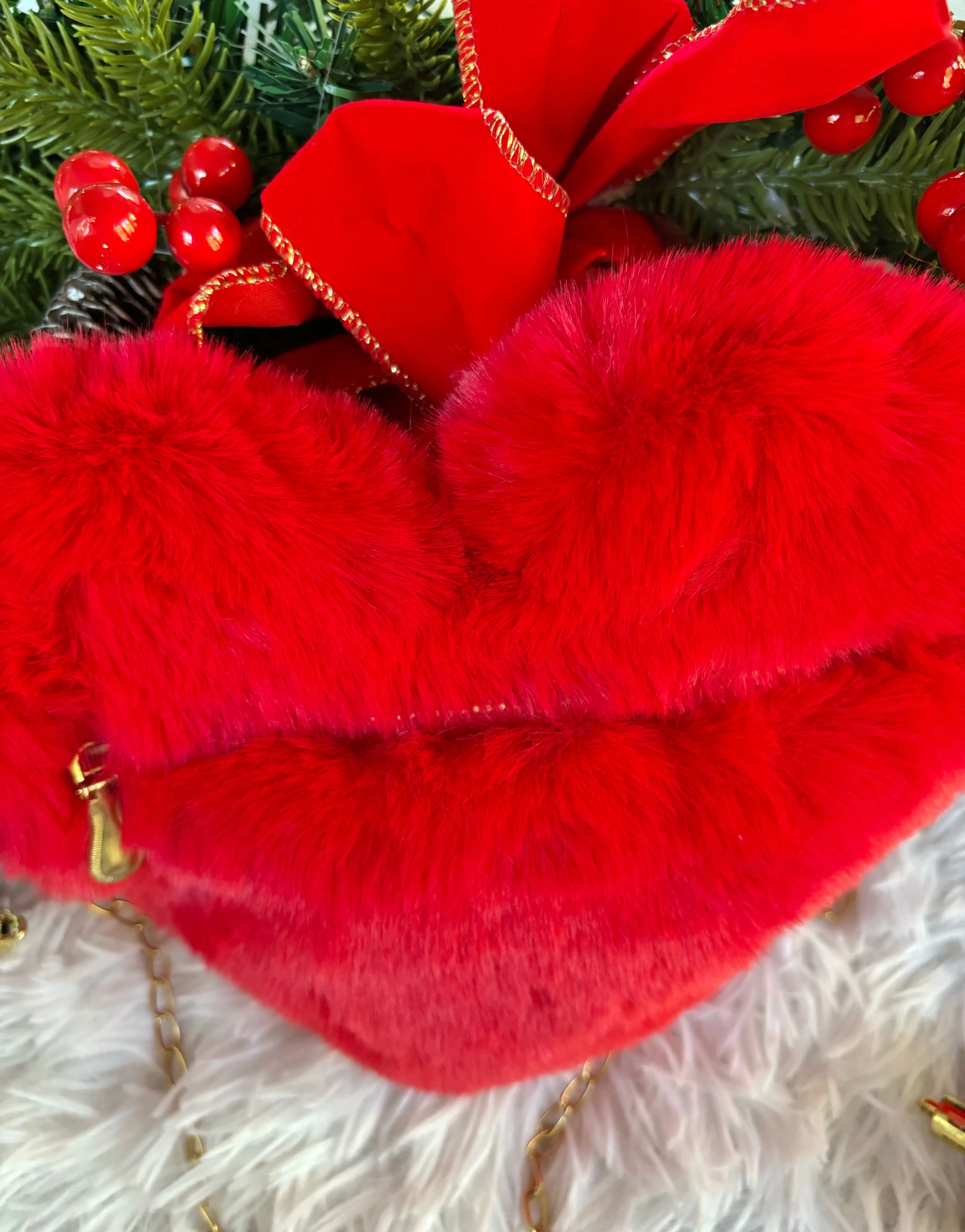 Faux Fur Heart Purse-Red