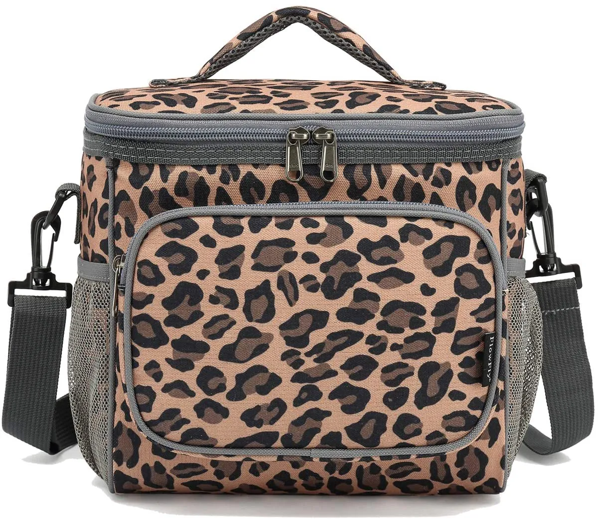 FlowFly insulated Reusable Lunch Bag Adult Large Lunch Box for Women and Men with Adjustable Shoulder Strap,Front Zipper Pocket and Dual Large Mesh Side Pockets, Leopard