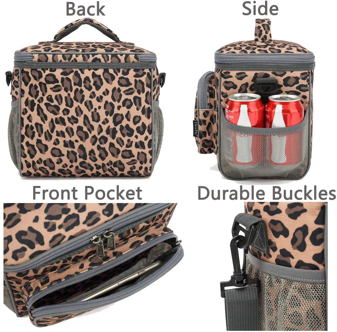 FlowFly insulated Reusable Lunch Bag Adult Large Lunch Box for Women and Men with Adjustable Shoulder Strap,Front Zipper Pocket and Dual Large Mesh Side Pockets, Leopard