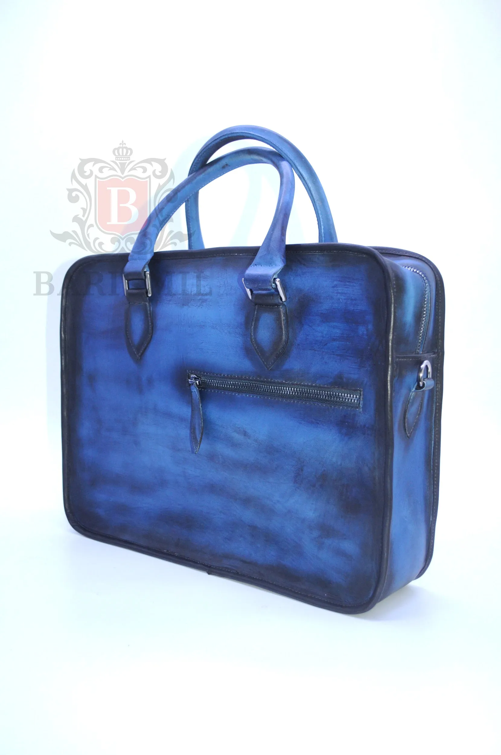 Full Grain Leather Briefcase - Blue Patina