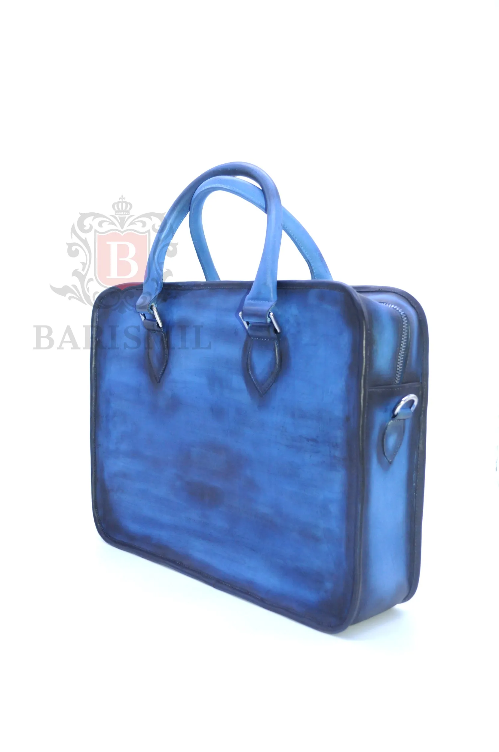 Full Grain Leather Briefcase - Blue Patina